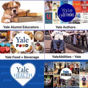 photos from six spin-off Facebook groups: Yale Alumni Educators, Yale Authors, Yale Food + Beverage, YaleAbilities, Yale Alumni Health Network, and Yale Fitness