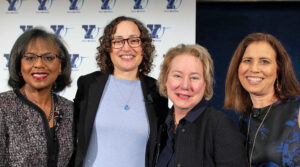 Lifetime Achievement Award winners, Anita Hill '80 JD, Catherine Lhamon '96 JD, and Ann Olivarius '77, '86 MBA/JD, along with panel moderator Joanne Lipman '83.